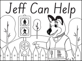a black and white sketch of Jeff the Road Safety Dog at traffic lights with the words Jeff can help