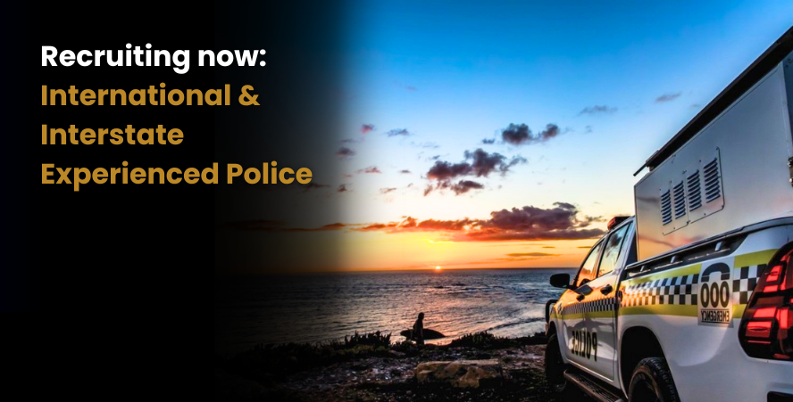 Recruiting now: Internatonal and interstate experience police with a photo of a police car near a beach