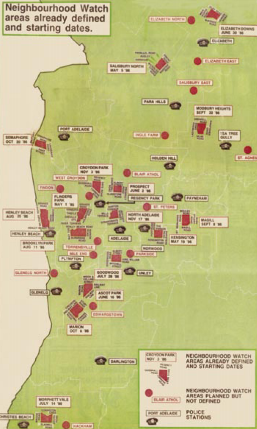 Map that appeared in The Advertiser on 28 April 1986 which shows the planning for new NHW areas