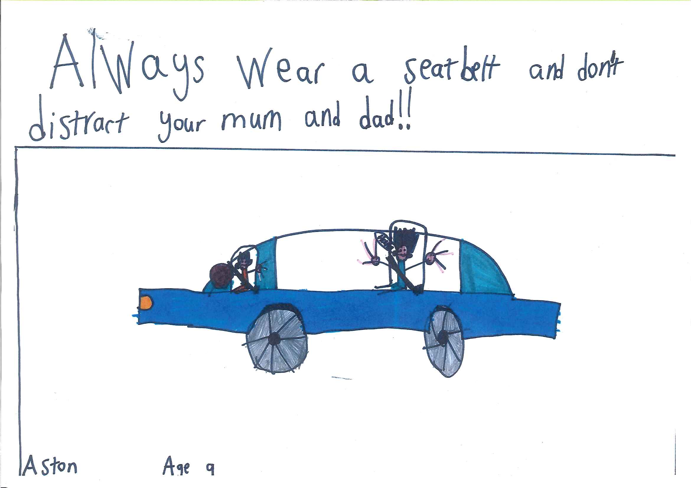 kids drawing of a car passenger wearing a seatbelt