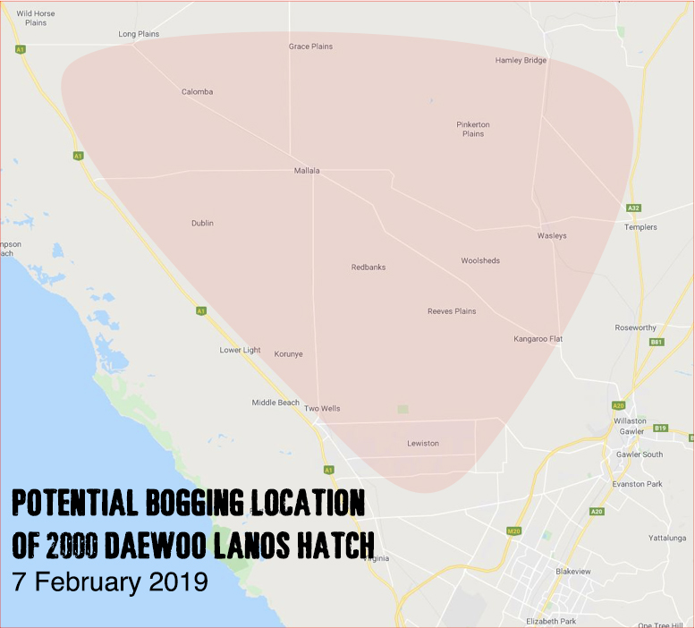 Map of location where police believe the green Daewoo Lanos became bogged.