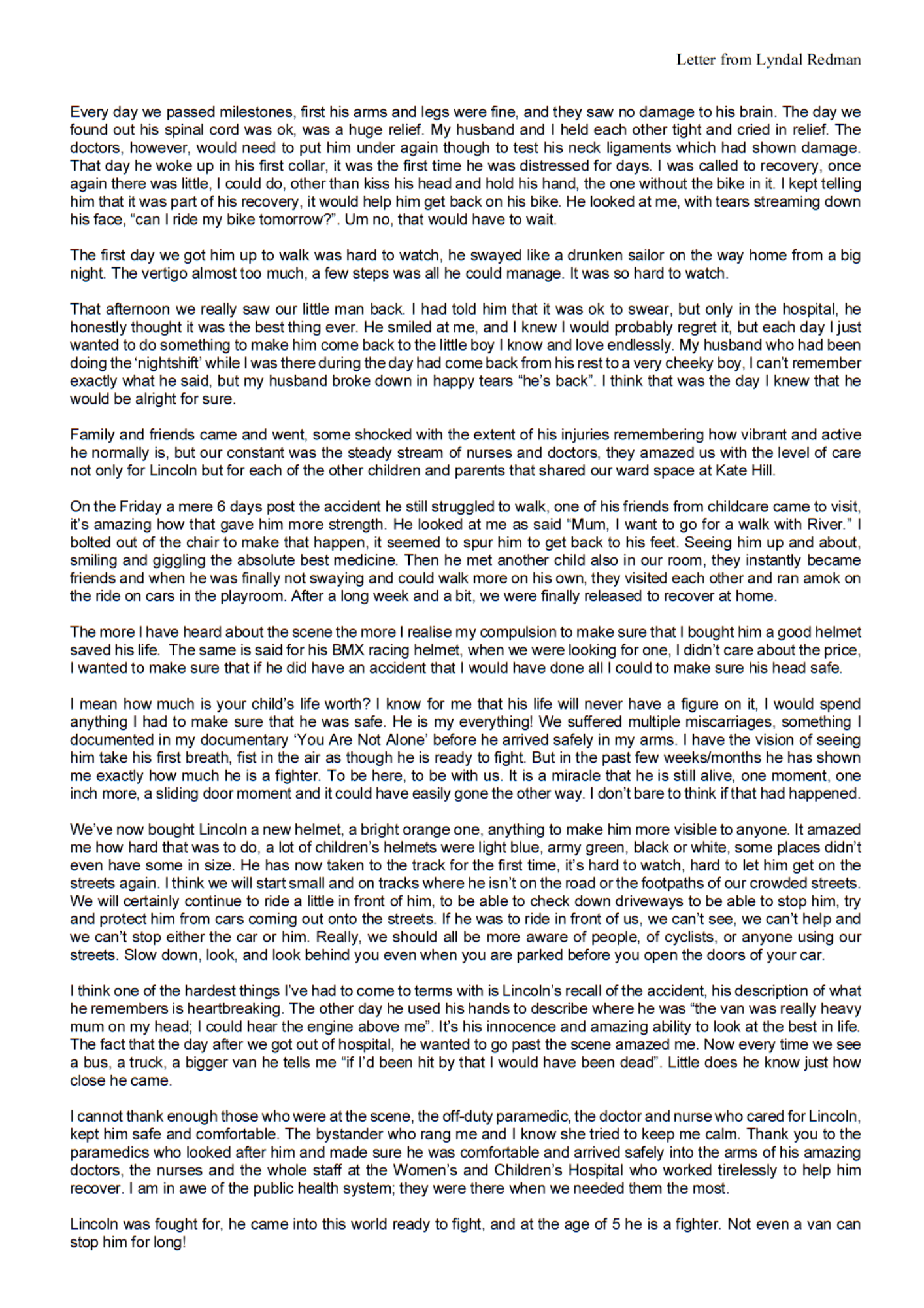 Letter to Lincoln from Lyndal Redman page 2